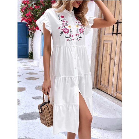White Boho Womens Floral Embroidery Ruffle Hem Smock Dress - Picture 2 of 6